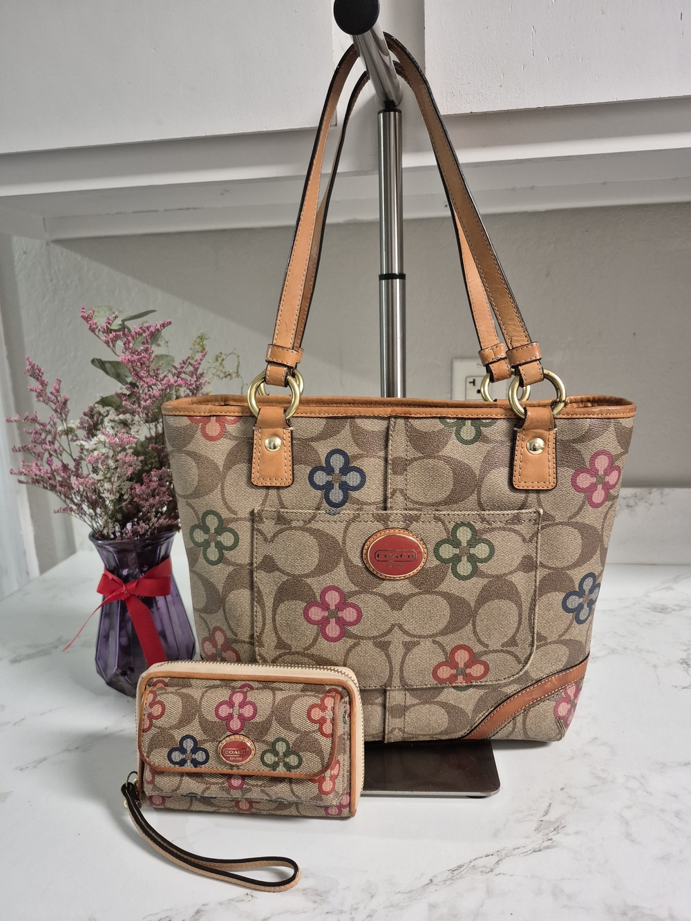 Y2k Coach Tan Signature Canvas Tote with Multicolor Floral Accents